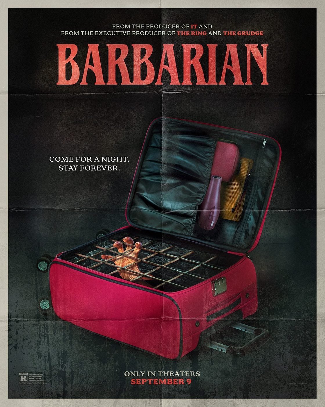Official poster for Barbarian, showing the film's tagline and a red suitcase