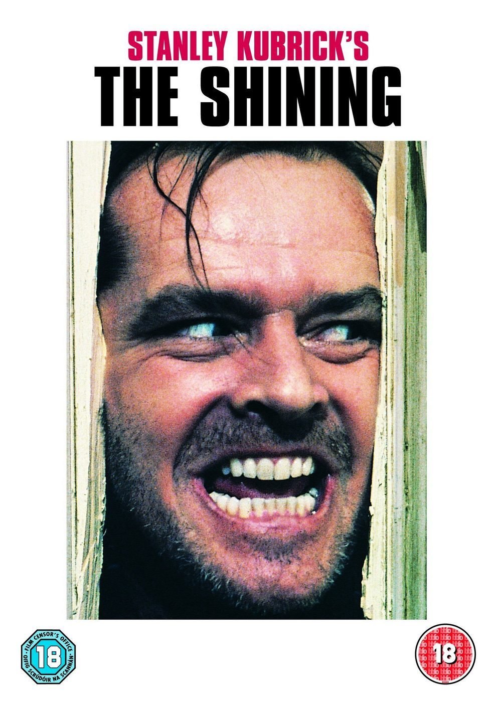 DVD cover for Stanley Kubrick's The Shining, showing Jack Torrance's face through a splintered door