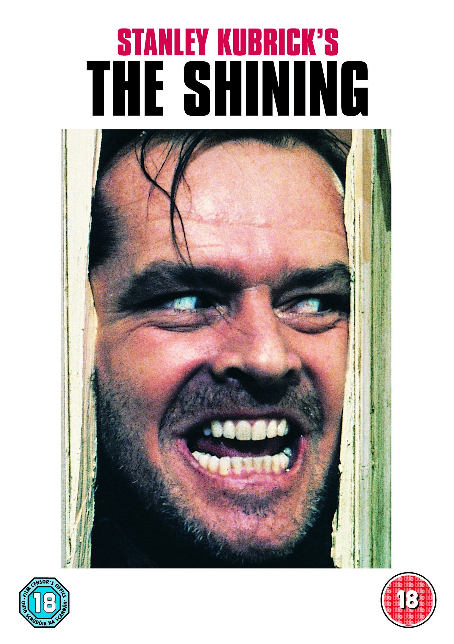 DVD cover for Stanley Kubrick's The Shining, showing Jack Torrance's face through a splintered door