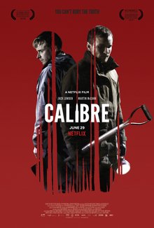 Official poster for Calibre, showing two men back to back against a red background with an axe