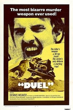 Theatrical poster for Duel (1971), showing Dennis Weaver's terrified face above the tanker truck that pursues him
