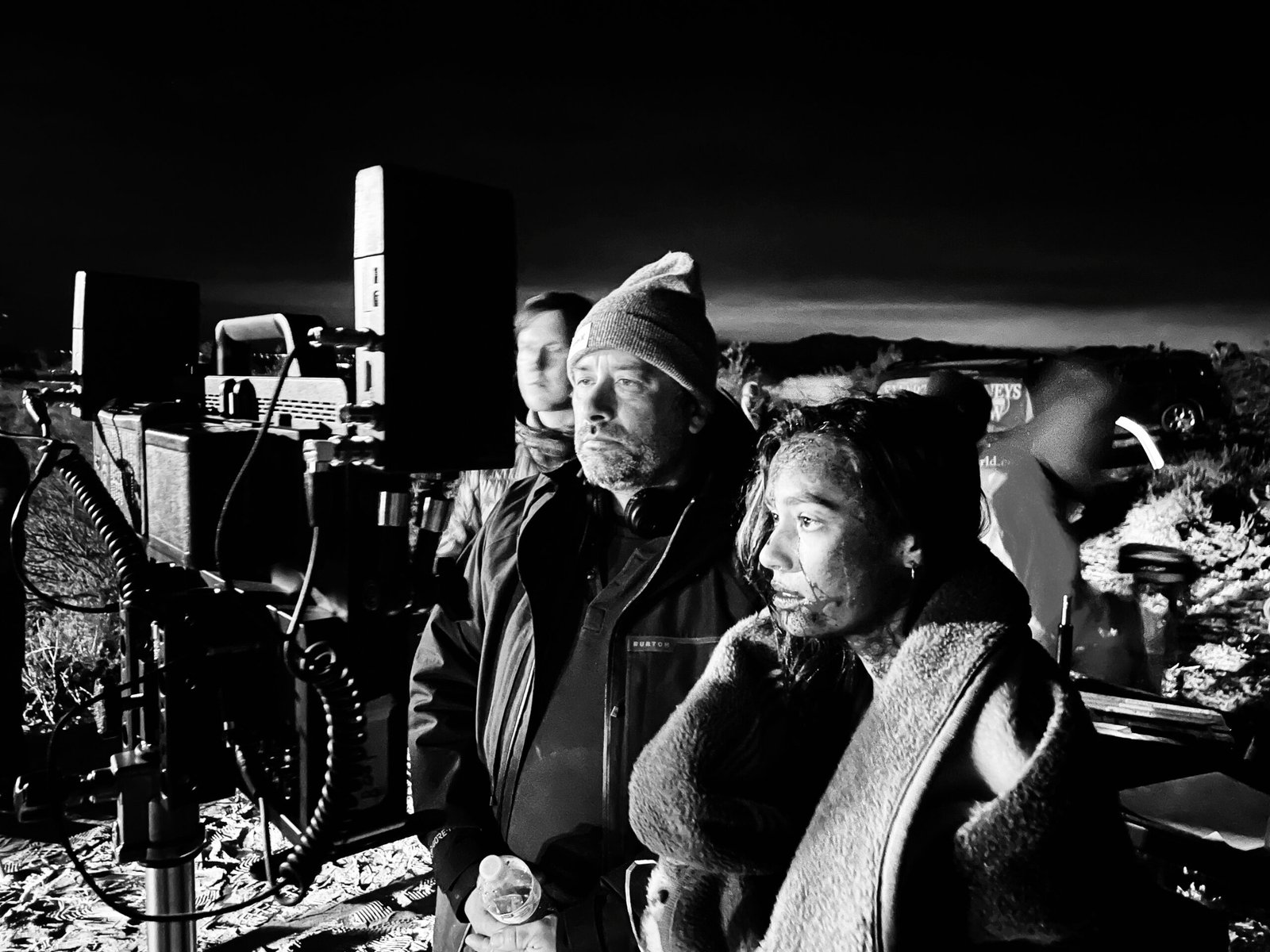 Lawrence Jacomelli and Britni Camacho during a night shoot in the desert