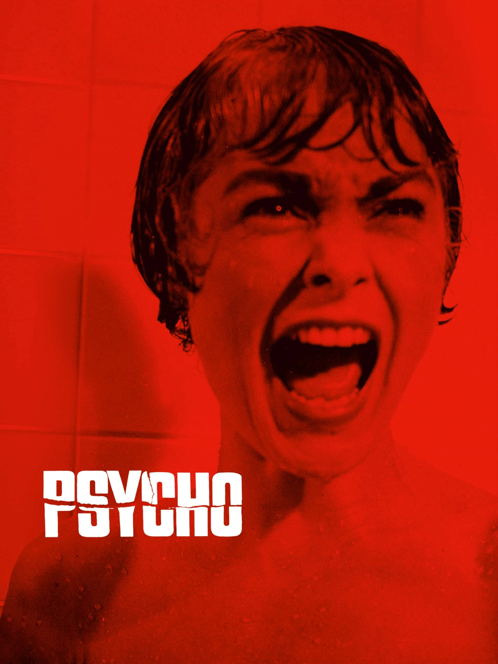 Modern key art for Alfred Hitchcock's Psycho, showing Marion Crane screaming, tinted red