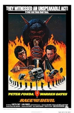 Theatrical poster for Race with the Devil (1975), showing Peter Fonda and Warren Oates surrounded by flames and their RV