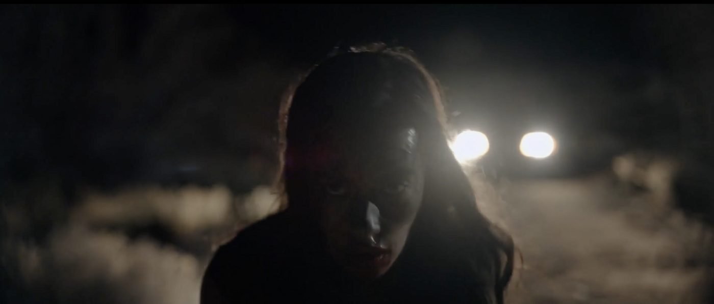 A woman's face lit by oncoming headlights in the dark desert night
