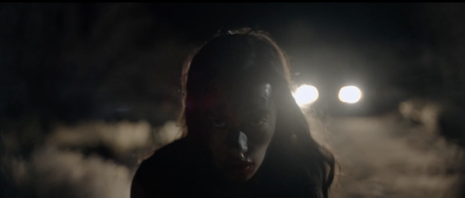 A woman's face lit by oncoming headlights in the dark desert night