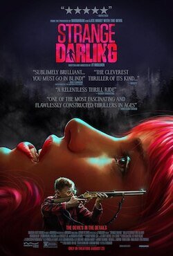 Official poster for Strange Darling, showing a red-haired woman in profile beside a man aiming a rifle