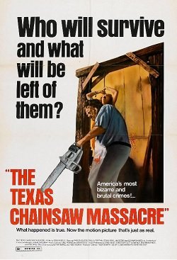 Theatrical poster for The Texas Chain Saw Massacre (1974), showing Leatherface holding a chainsaw in a barn doorway
