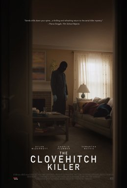 Official poster for The Clovehitch Killer, showing a man's silhouette standing in an ordinary suburban living room
