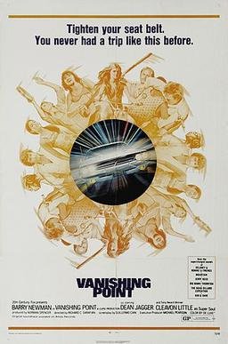 Theatrical poster for Vanishing Point (1971), showing a circular collage of faces around the white Dodge Challenger