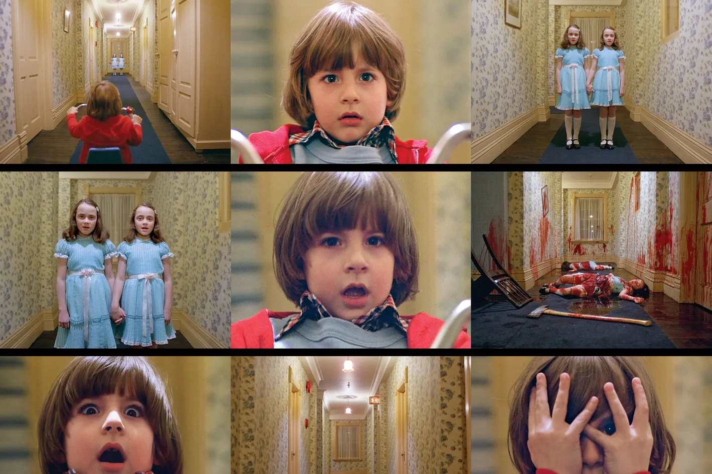 A grid of stills from The Shining: Danny in the corridor, the twins, the blood-soaked hallway