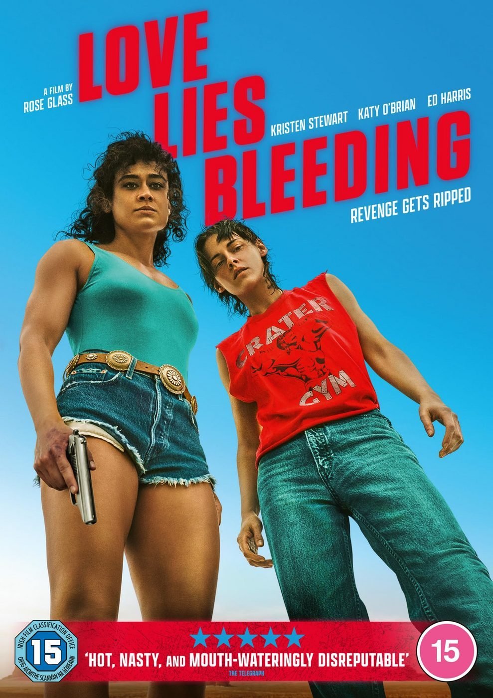 Official poster for Love Lies Bleeding (2024), showing Katy O'Brian and Kristen Stewart against a blue sky