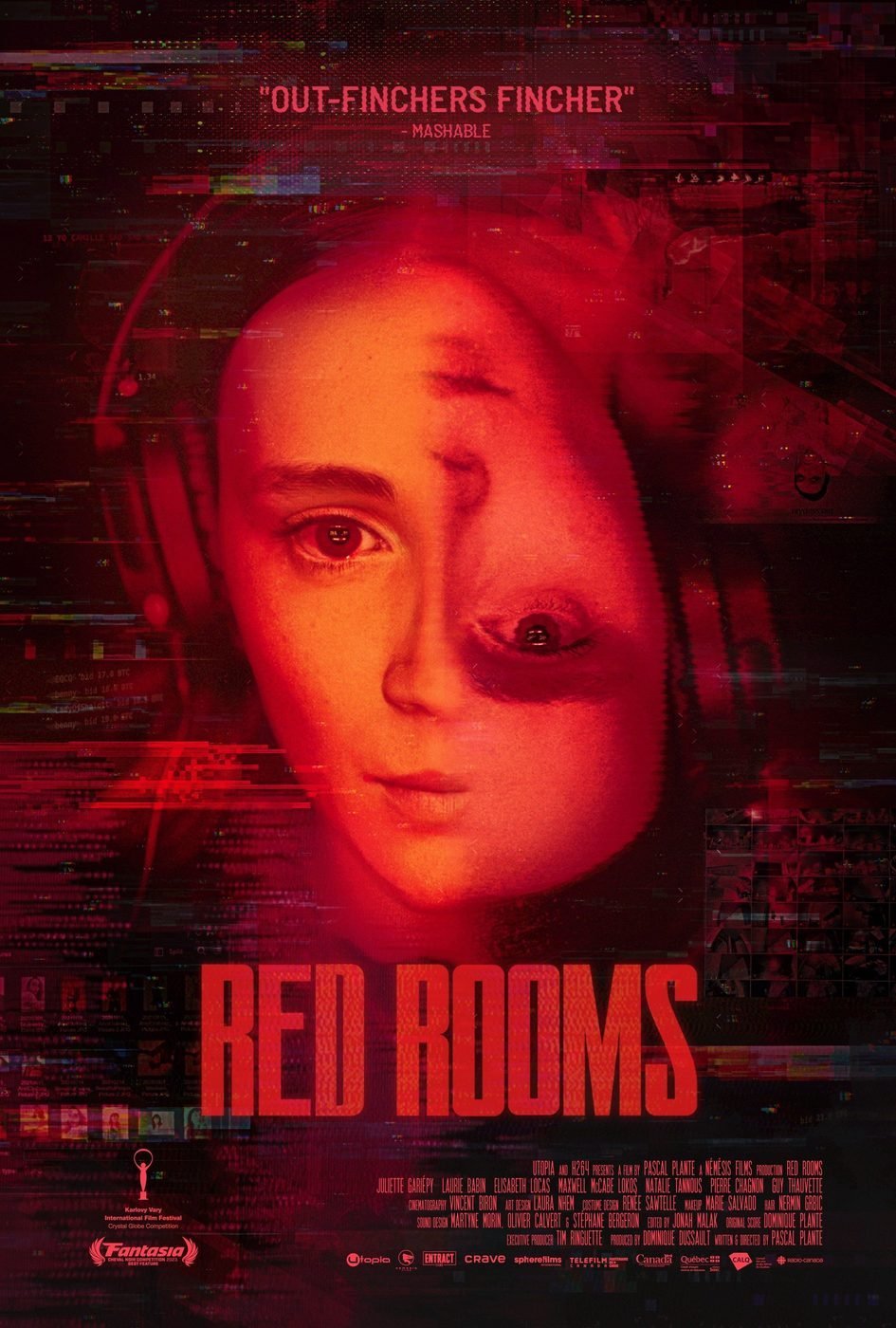 Official glitch-art poster for Red Rooms (2023), showing a distorted close-up of Kelly-Anne's face