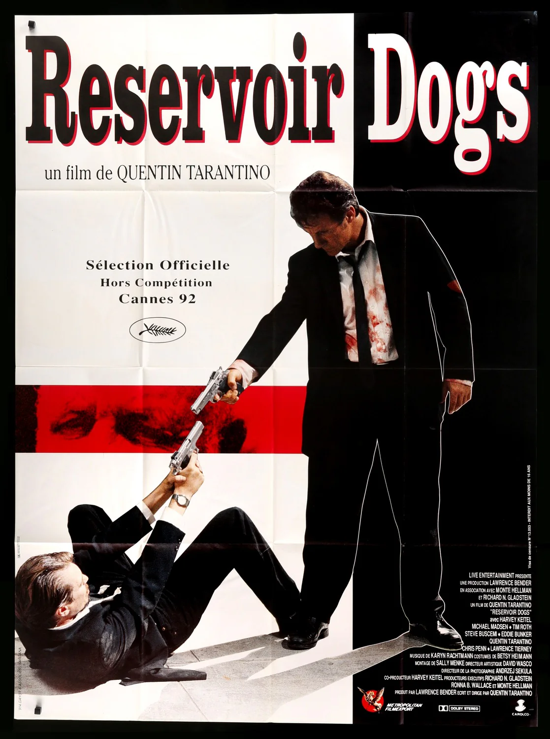 French theatrical poster for Reservoir Dogs, showing a wounded gunman standing over a fallen man, split by a red bar across the middle