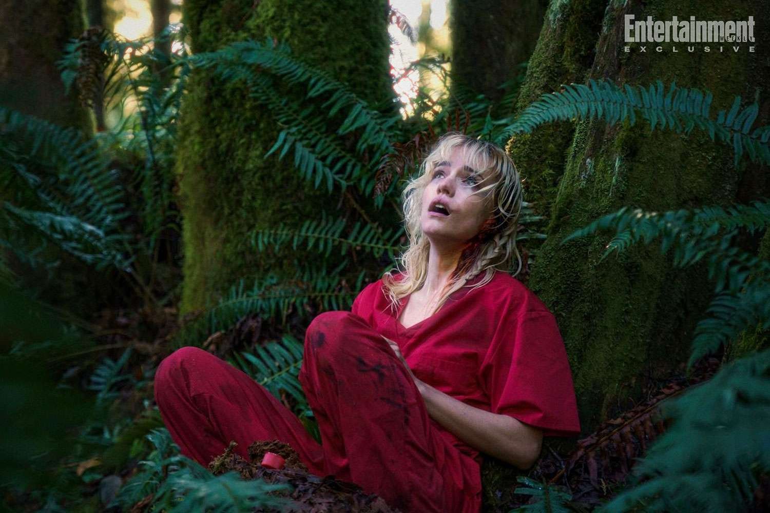 The Lady, bloodied and dressed in red scrubs, hiding among ferns in a forest in Strange Darling