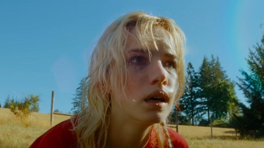A terrified blonde woman in a red top standing in a sunlit field in Strange Darling (2024)