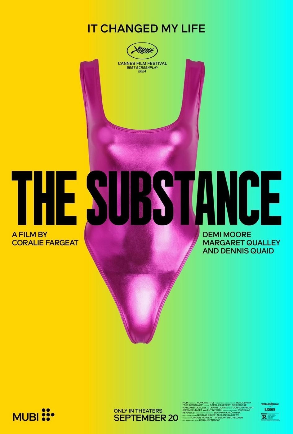 Official poster for The Substance (2024), a metallic pink swimsuit with the Cannes Film Festival Best Screenplay laurel