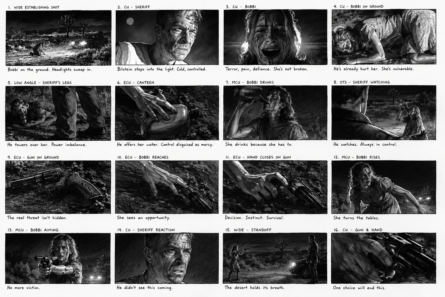 Storyboard panels from Blood Star's roadside confrontation sequence