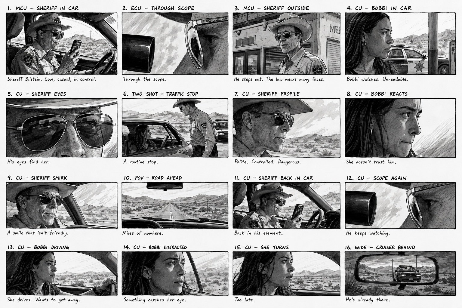 Storyboard panels from Blood Star's traffic stop sequence