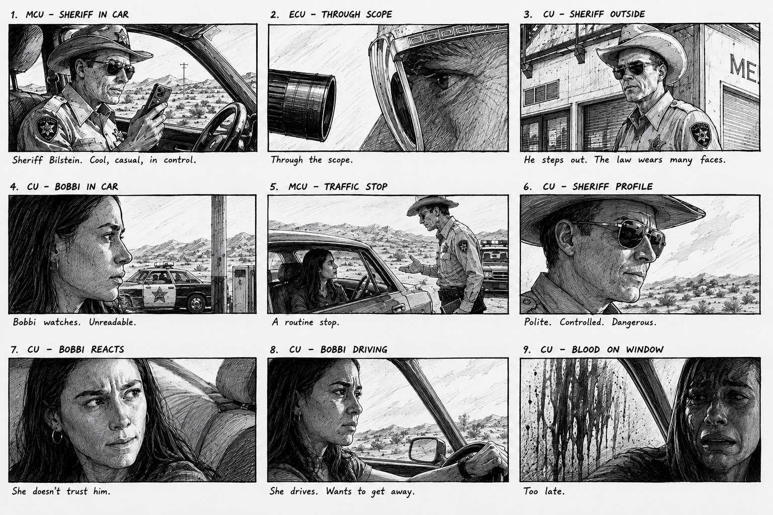 Storyboard panels from Blood Star showing the traffic stop building to its violent turn