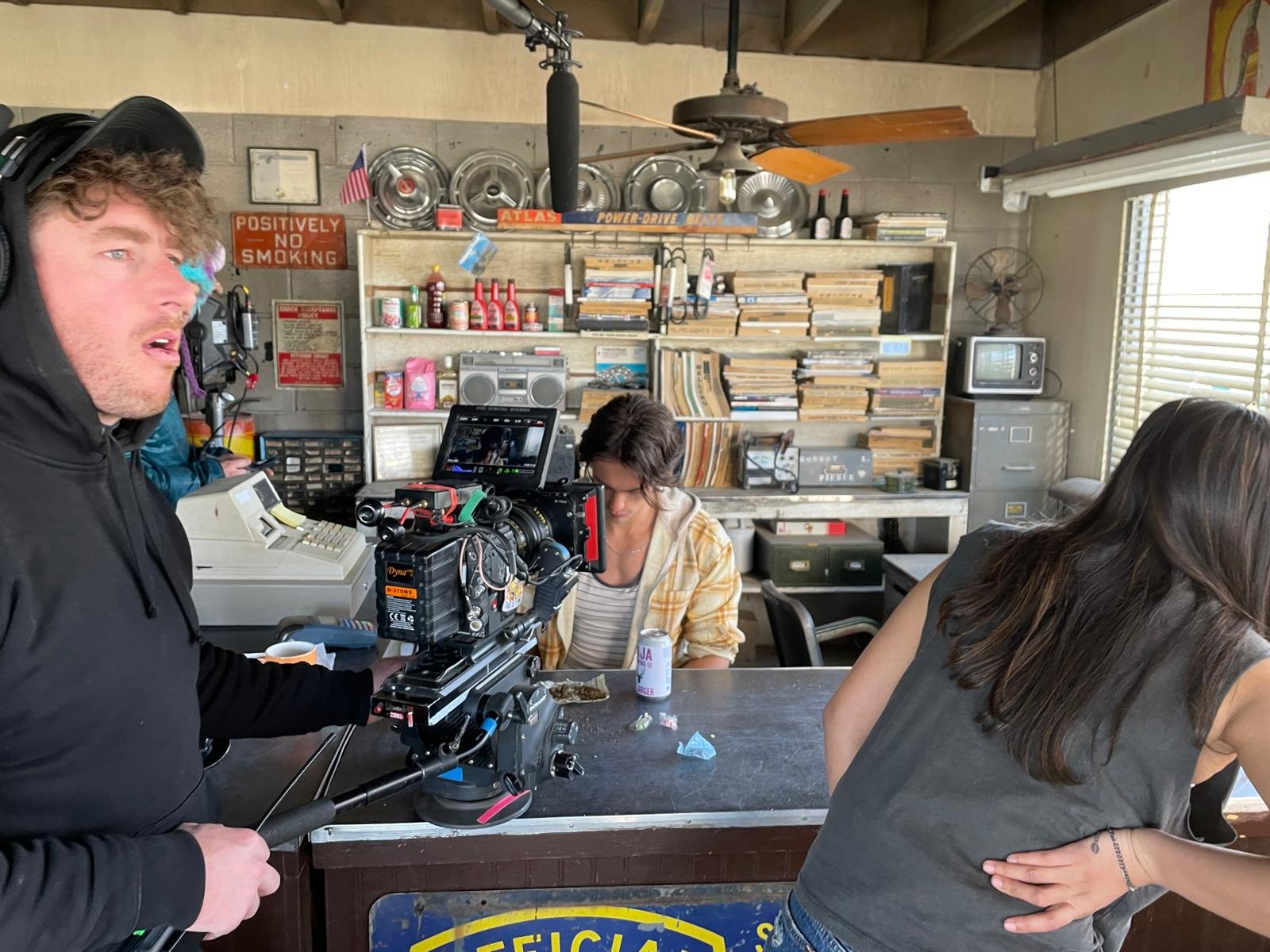 On the set of the gas station scene in Blood Star