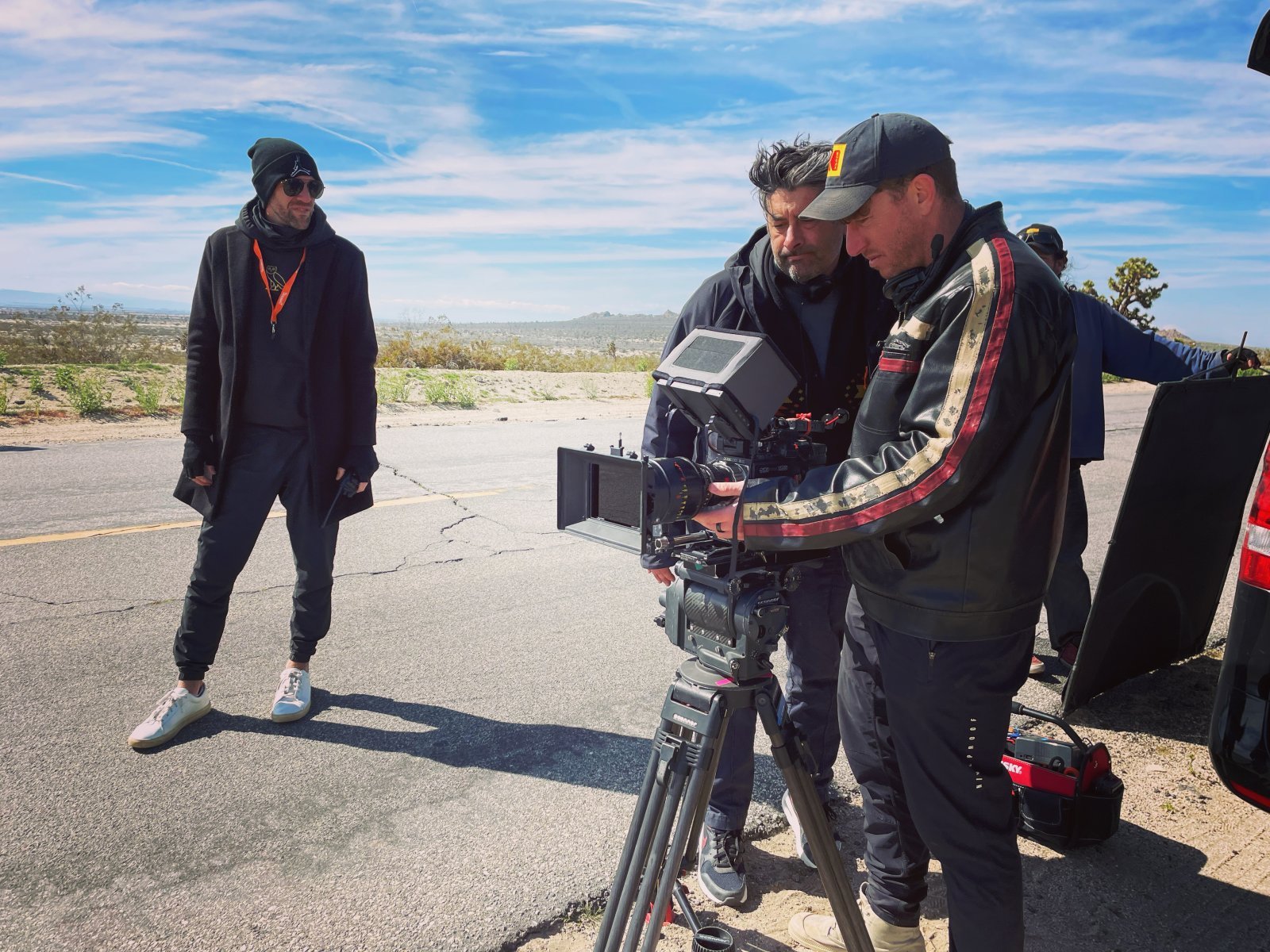 Pascal Combes-Knoke and director Lawrence Jacomelli reviewing a shot on the Blood Star set