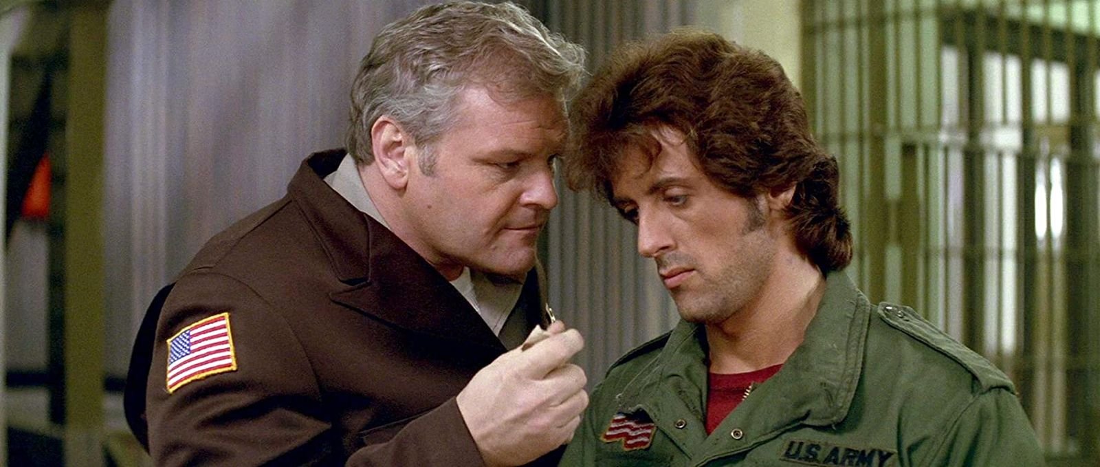 Sheriff Teasle confronts John Rambo at the police station in First Blood